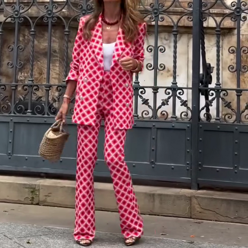 Chic Lady Unique Print Metal Button Pocketed Lapel Blazer and Elastic Waist Flare Pants Set