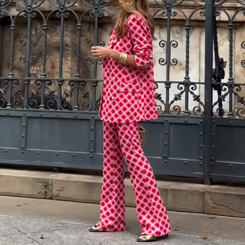 Chic Lady Unique Print Metal Button Pocketed Lapel Blazer and Elastic Waist Flare Pants Set