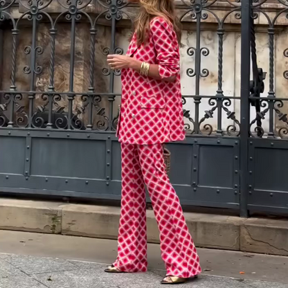 Chic Lady Unique Print Metal Button Pocketed Lapel Blazer and Elastic Waist Flare Pants Set