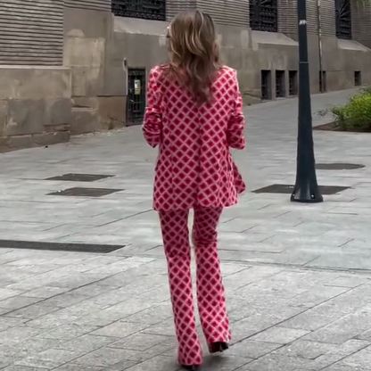 Chic Lady Unique Print Metal Button Pocketed Lapel Blazer and Elastic Waist Flare Pants Set