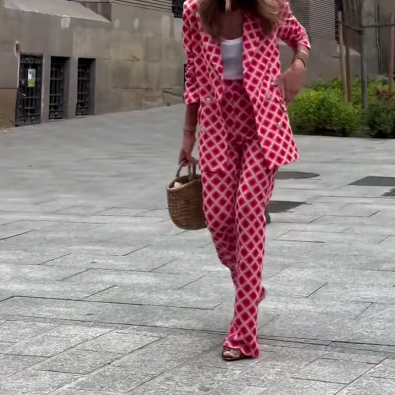 Chic Lady Unique Print Metal Button Pocketed Lapel Blazer and Elastic Waist Flare Pants Set