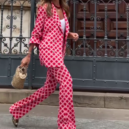 Chic Lady Unique Print Metal Button Pocketed Lapel Blazer and Elastic Waist Flare Pants Set