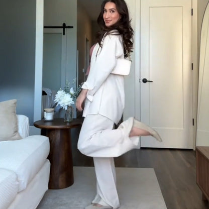 Solid Color Relaxed Shirt & Wide-Leg Pants Set